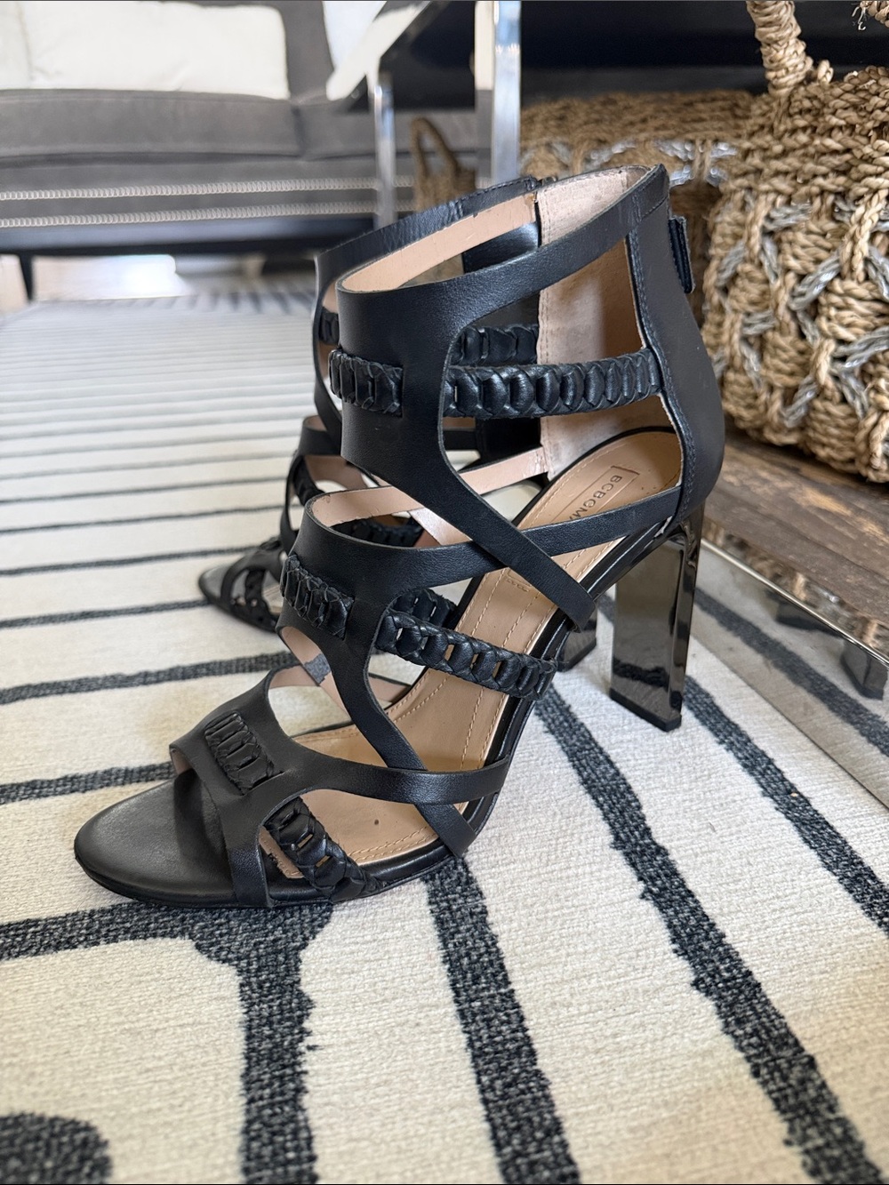 BCBG MAX AZRIA Black Strappy Braided High-Heel Sandals LEATHER